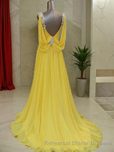 A-Line/Princess Straps Sweep Train Chiffon Semi Formal Prom Dresses With Beading